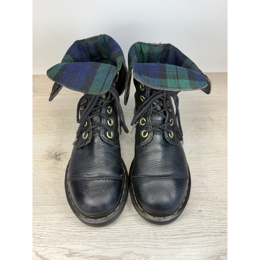 r Martens Aimilita Black Pebbled Leather Plaid Lined Fold Down Combat Boots US 7 - Picture 9 of 10